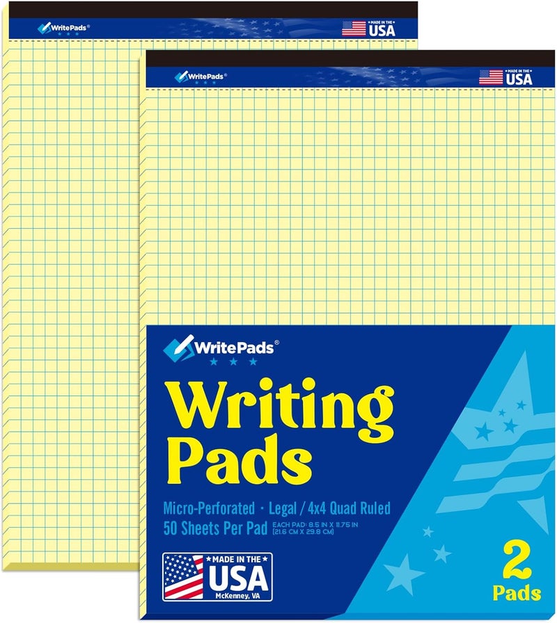 WritePads Graph Paper Pads 8.5 x 11, 4x4 Graph Ruled, 2-Pack, 50 Sheets/Pad, 60GSM Canary Graph Paper Notebook, Made In USA, No Ink Bleeding, Sturdy back, Micro-Perforated Graphing Paper for School Office - Image 1